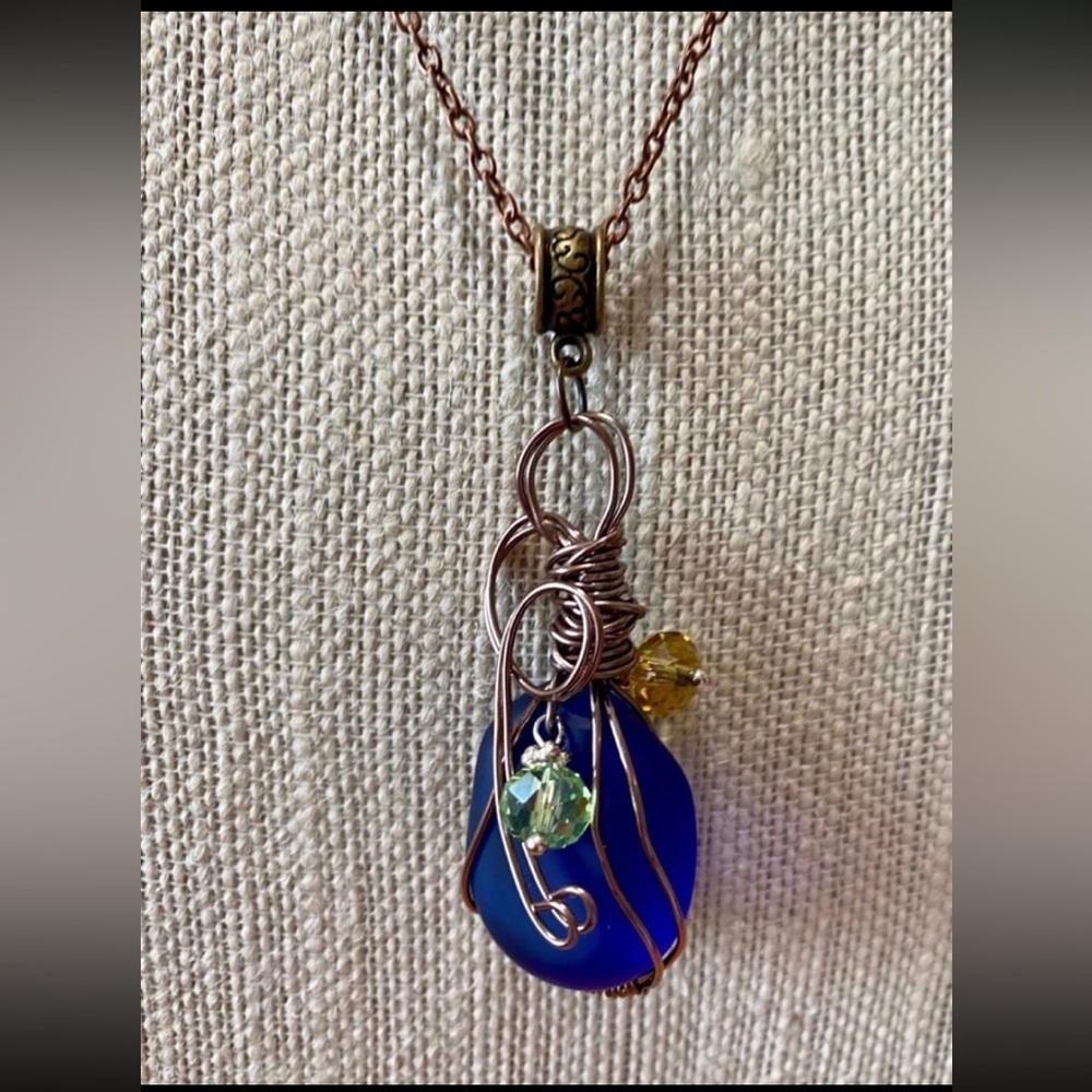 Elegant Blue Cultured Sea Glass and Bronze Wire Wrapped Pendant Necklace